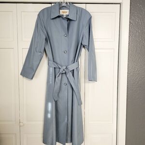Vintage Talbots Petites Long Rain Trench Coat Belted Dusty Blue Size 6